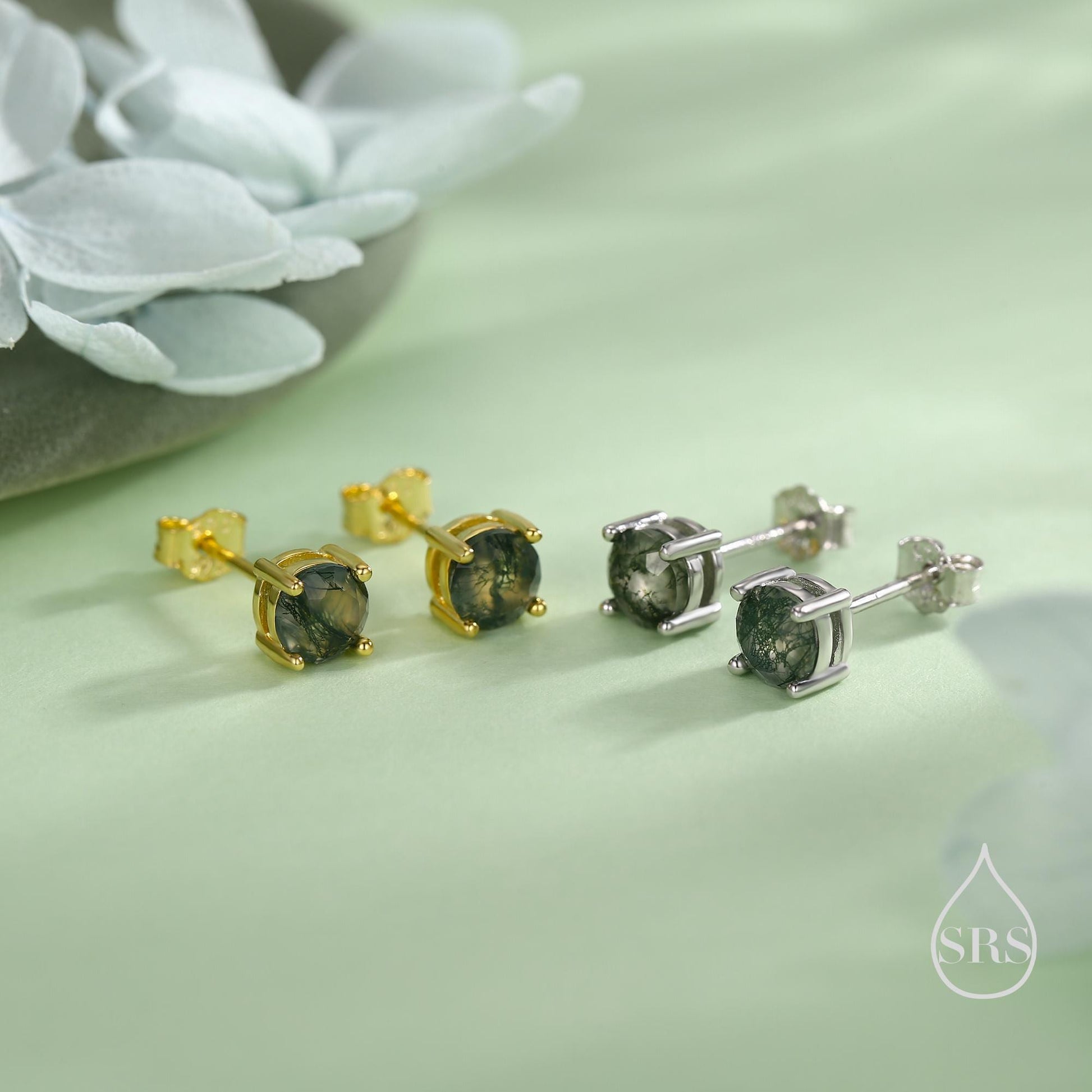 Sterling Silver Natural Moss Agate Stud Earrings, 3mm 4mm and 5mm, Genuine Moss Agate Gemstone Stud, Minimalist Style