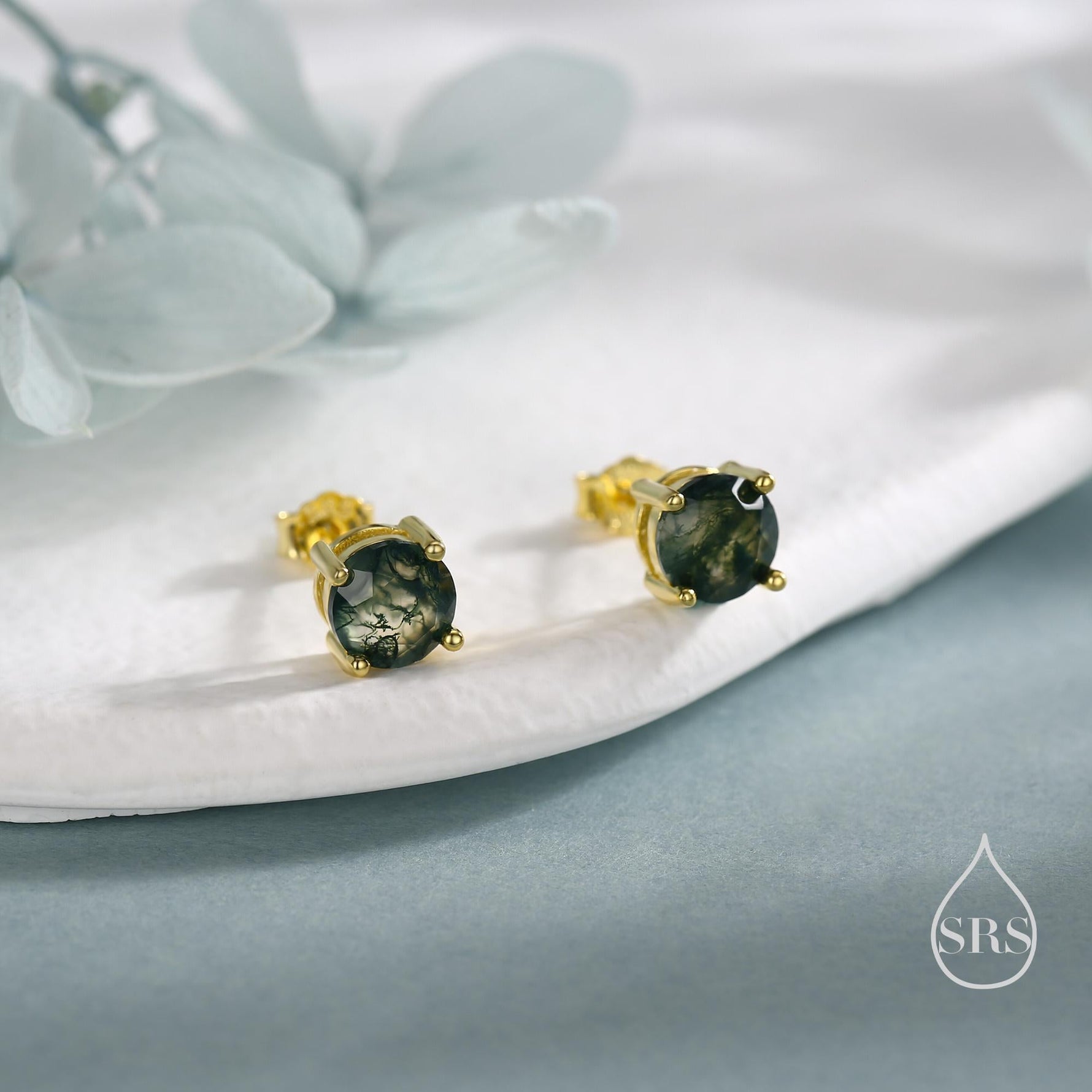 Sterling Silver Natural Moss Agate Stud Earrings, 3mm 4mm and 5mm, Genuine Moss Agate Gemstone Stud, Minimalist Style