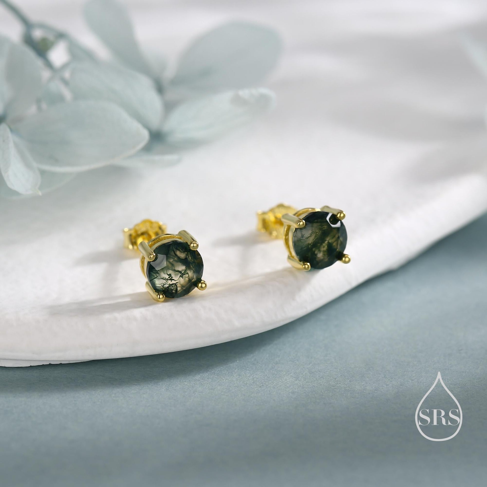 Sterling Silver Natural Moss Agate Stud Earrings, 3mm 4mm and 5mm, Genuine Moss Agate Gemstone Stud, Minimalist Style