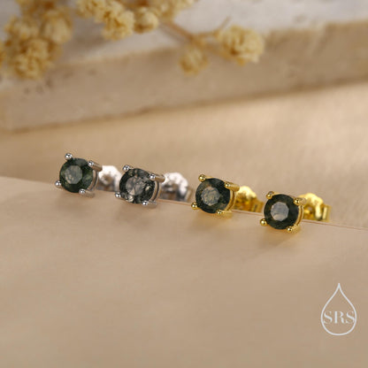 Sterling Silver Natural Moss Agate Stud Earrings, 3mm 4mm and 5mm, Genuine Moss Agate Gemstone Stud, Minimalist Style