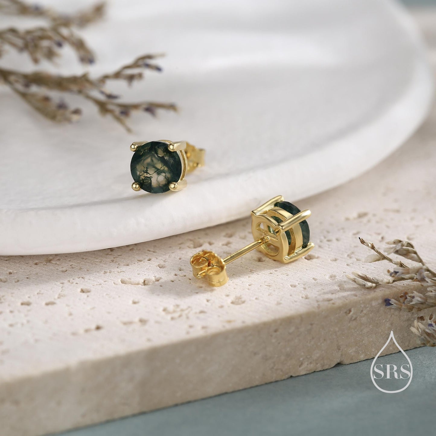 Sterling Silver Natural Moss Agate Stud Earrings, 3mm 4mm and 5mm, Genuine Moss Agate Gemstone Stud, Minimalist Style