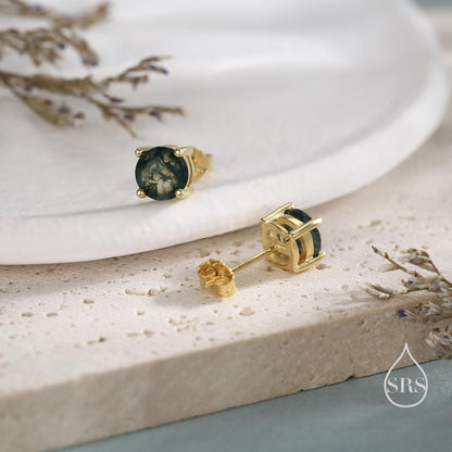 Sterling Silver Natural Moss Agate Stud Earrings, 3mm 4mm and 5mm, Genuine Moss Agate Gemstone Stud, Minimalist Style