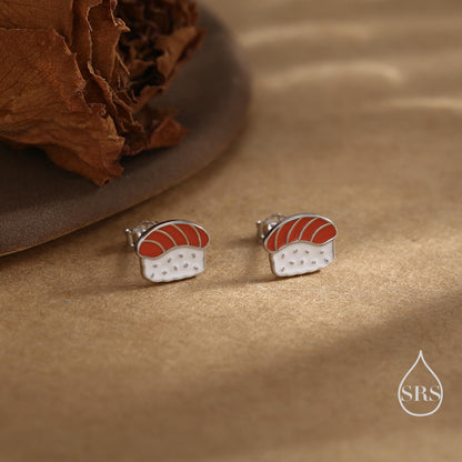 Salmon Sushi Stud Earrings in Sterling Silver - Silver or Gold Finish - Enamel Food Jewellery, Salmon Earrings, Japanese Food Earrings