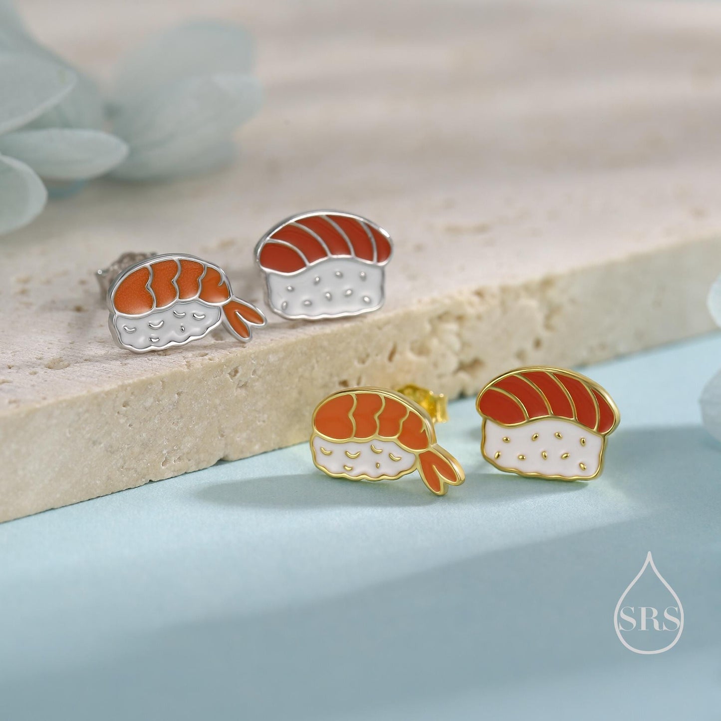 Mismatched Salmon and Prawn Sushi Stud Earrings in Sterling Silver - Silver or Gold Finish - Enamel Japanese Food Jewellery, Salmon Earrings