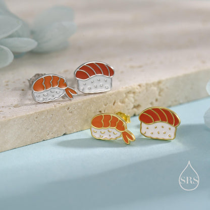 Mismatched Salmon and Prawn Sushi Stud Earrings in Sterling Silver - Silver or Gold Finish - Enamel Japanese Food Jewellery, Salmon Earrings
