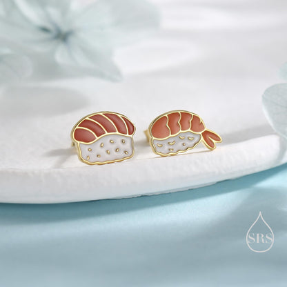 Mismatched Salmon and Prawn Sushi Stud Earrings in Sterling Silver - Silver or Gold Finish - Enamel Japanese Food Jewellery, Salmon Earrings