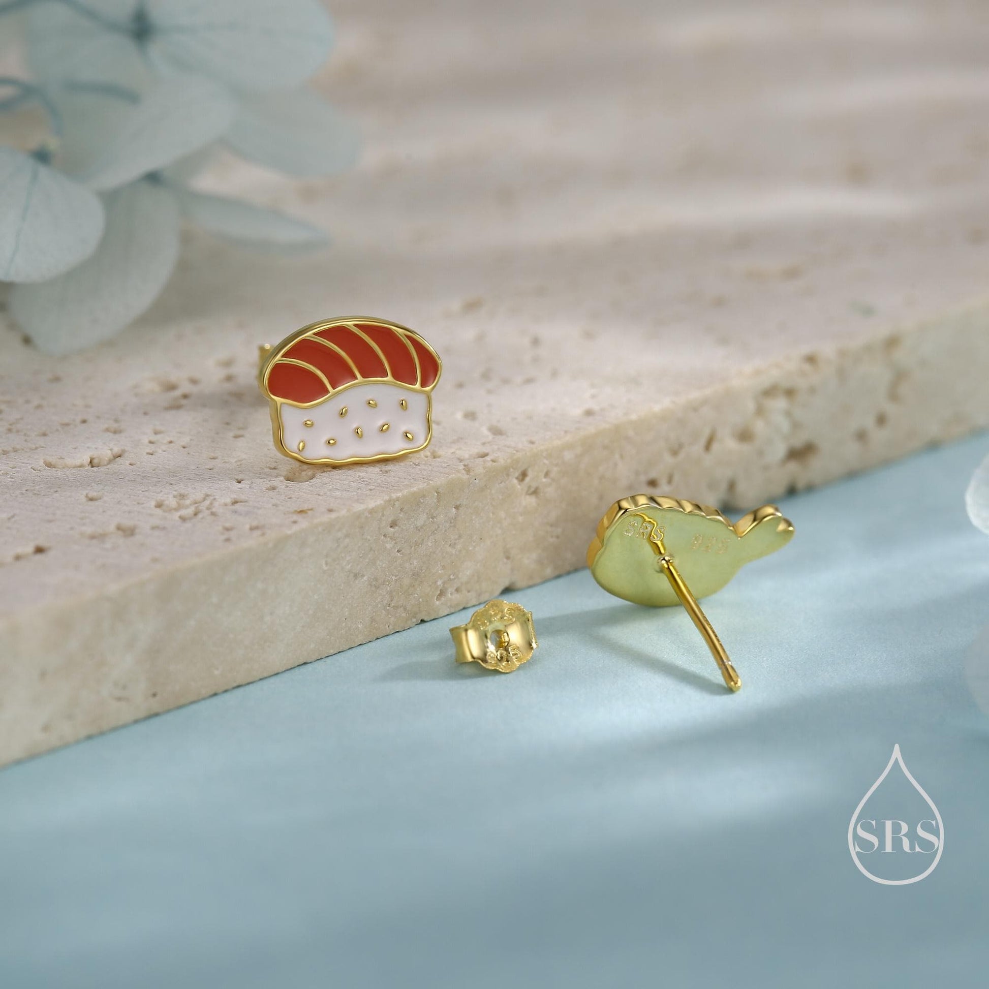 Mismatched Salmon and Prawn Sushi Stud Earrings in Sterling Silver - Silver or Gold Finish - Enamel Japanese Food Jewellery, Salmon Earrings