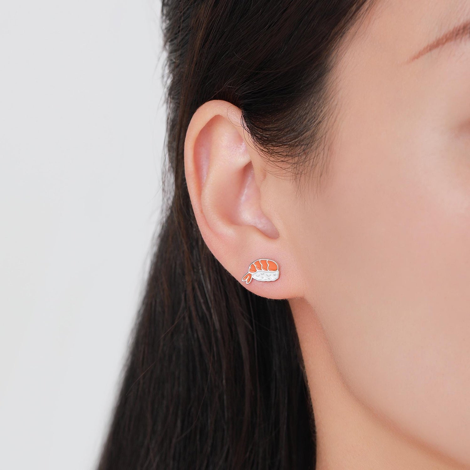 Enamel Prawn Sushi Stud Earrings in Sterling Silver - Silver or Gold Finish - Enamel Japanese Food Jewellery, Salmon Earrings
