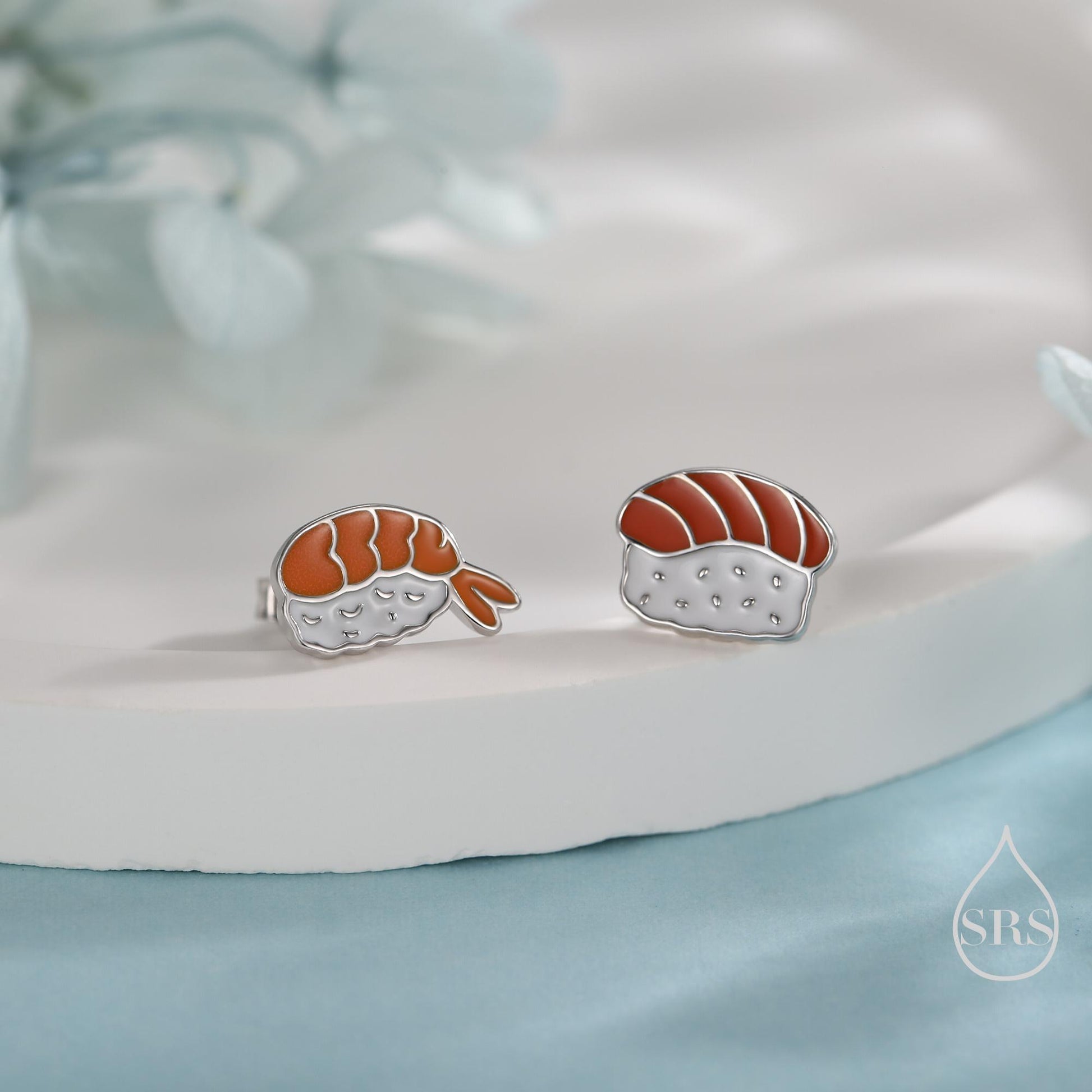 Mismatched Salmon and Prawn Sushi Stud Earrings in Sterling Silver - Silver or Gold Finish - Enamel Japanese Food Jewellery, Salmon Earrings