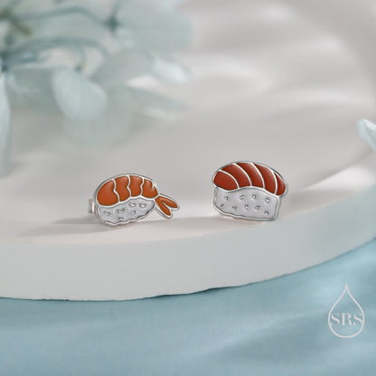 Mismatched Salmon and Prawn Sushi Stud Earrings in Sterling Silver - Silver or Gold Finish - Enamel Japanese Food Jewellery, Salmon Earrings