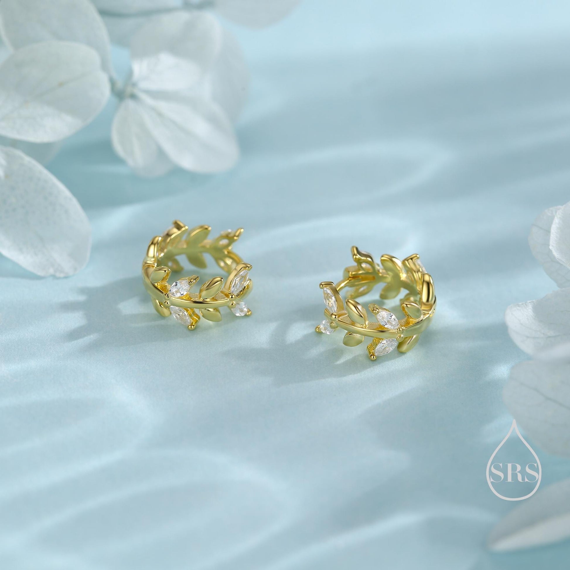 CZ Olive Leaf Huggie Hoop in Sterling Silver, Silver or Gold, 8mm Inner Diameter, Nature Inspired Earrings