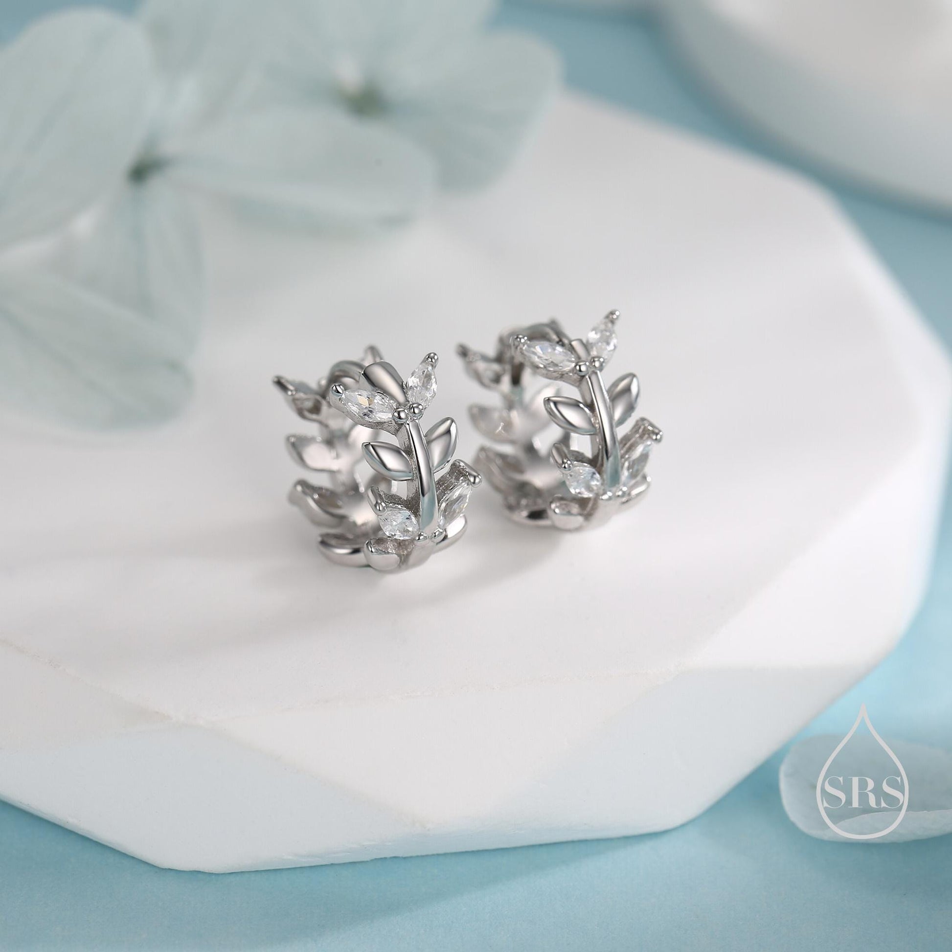 CZ Olive Leaf Huggie Hoop in Sterling Silver, Silver or Gold, 8mm Inner Diameter, Nature Inspired Earrings