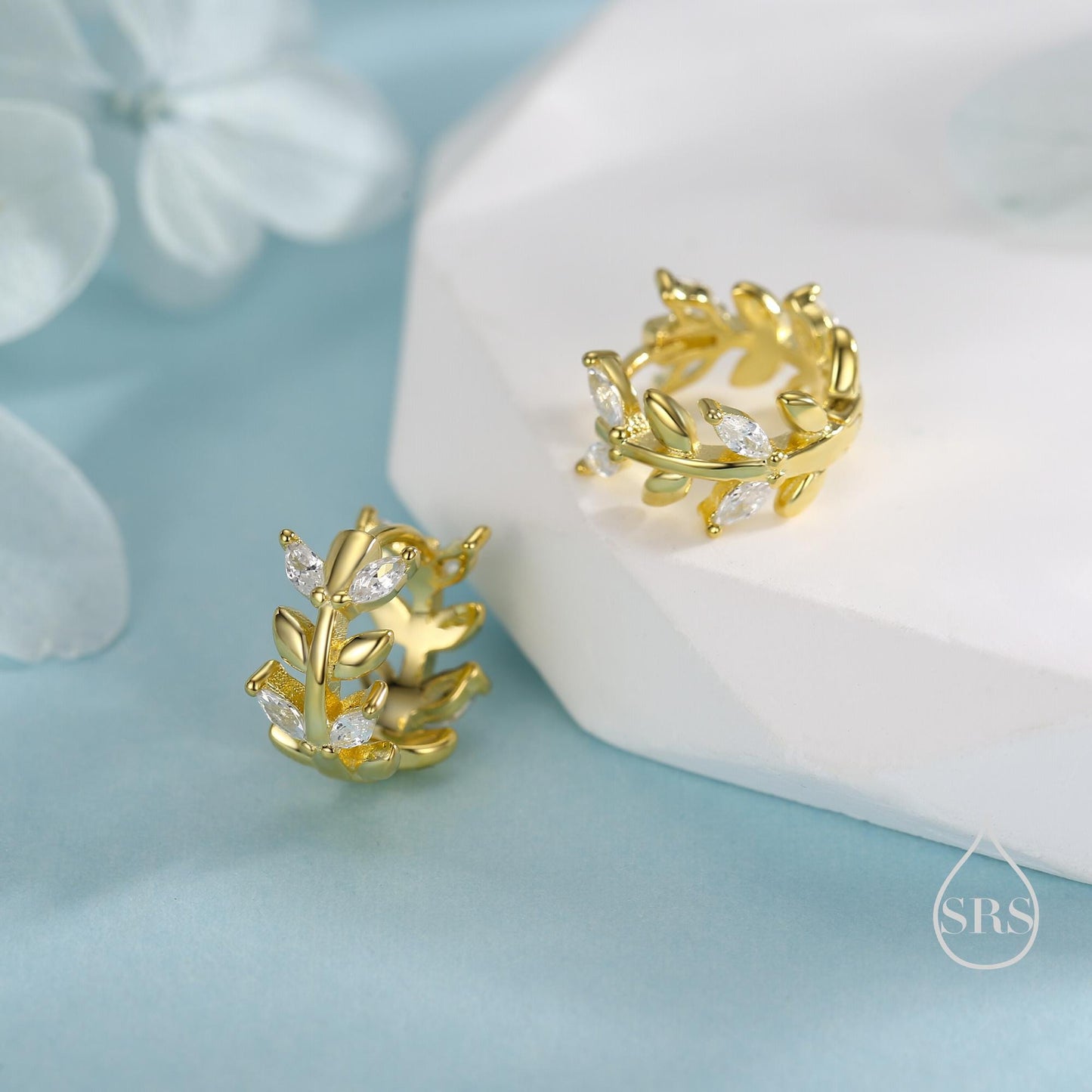 CZ Olive Leaf Huggie Hoop in Sterling Silver, Silver or Gold, 8mm Inner Diameter, Nature Inspired Earrings