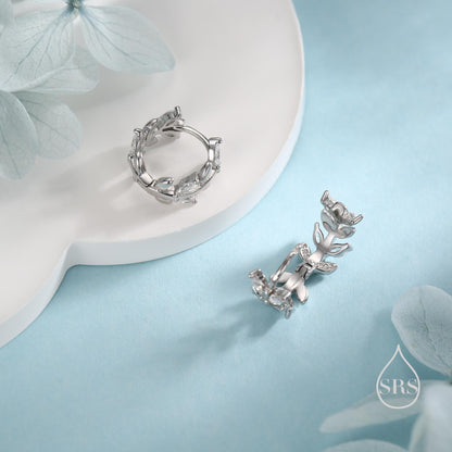 CZ Olive Leaf Huggie Hoop in Sterling Silver, Silver or Gold, 8mm Inner Diameter, Nature Inspired Earrings
