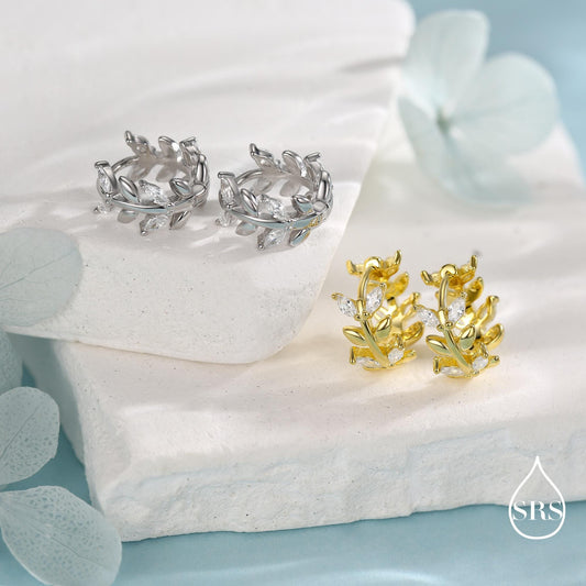 Olive Leaf Huggie Hoop in Sterling Silver, Two Way Huggies, Silver or Gold, 8mm Inner Diameter, Nature Inspired Earrings