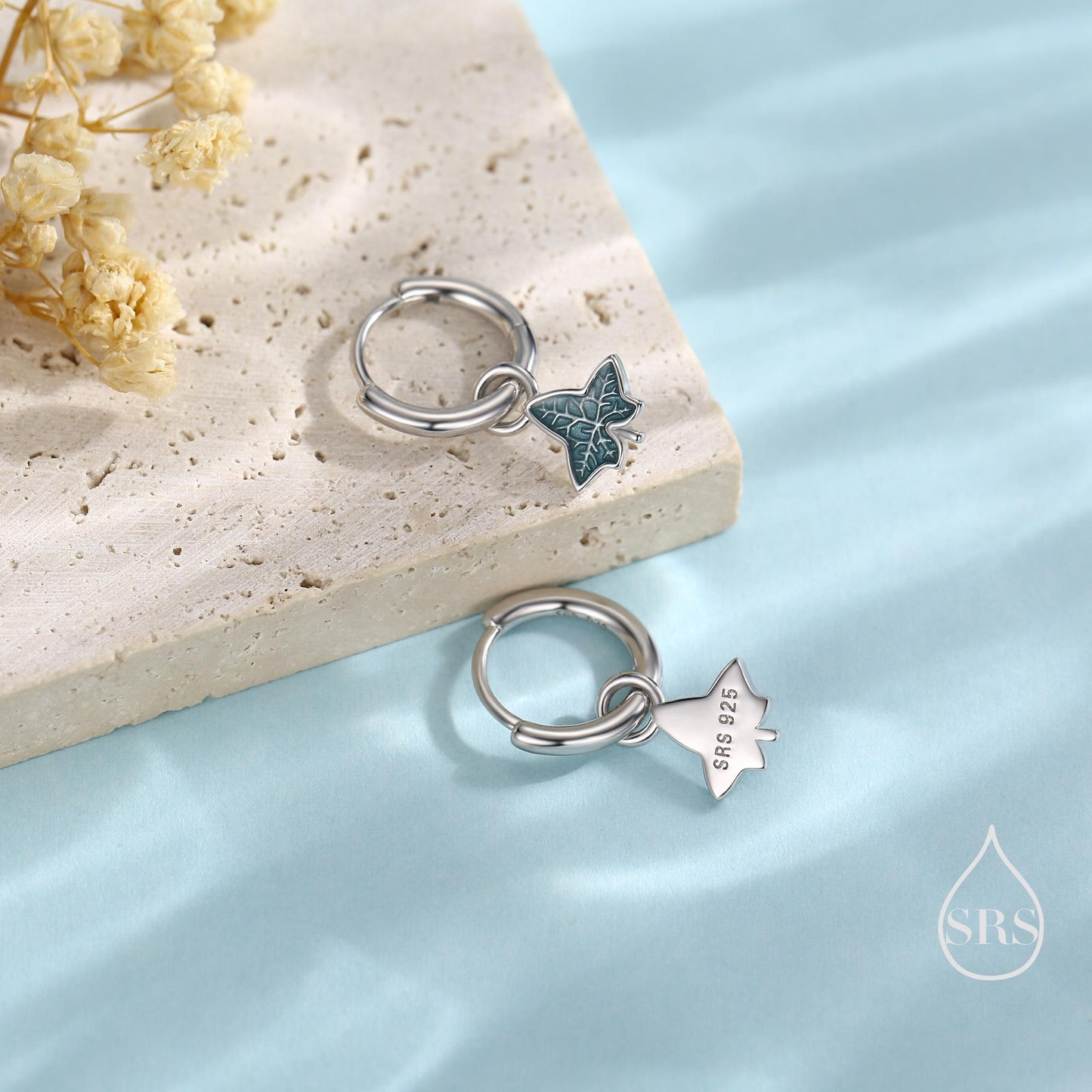 Enamel Ivy Leaf Huggie Hoop Earrings in Sterling Silver, Nature Inspired Leaf Earrings