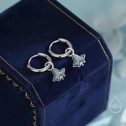 Enamel Ivy Leaf Huggie Hoop Earrings in Sterling Silver, Nature Inspired Leaf Earrings