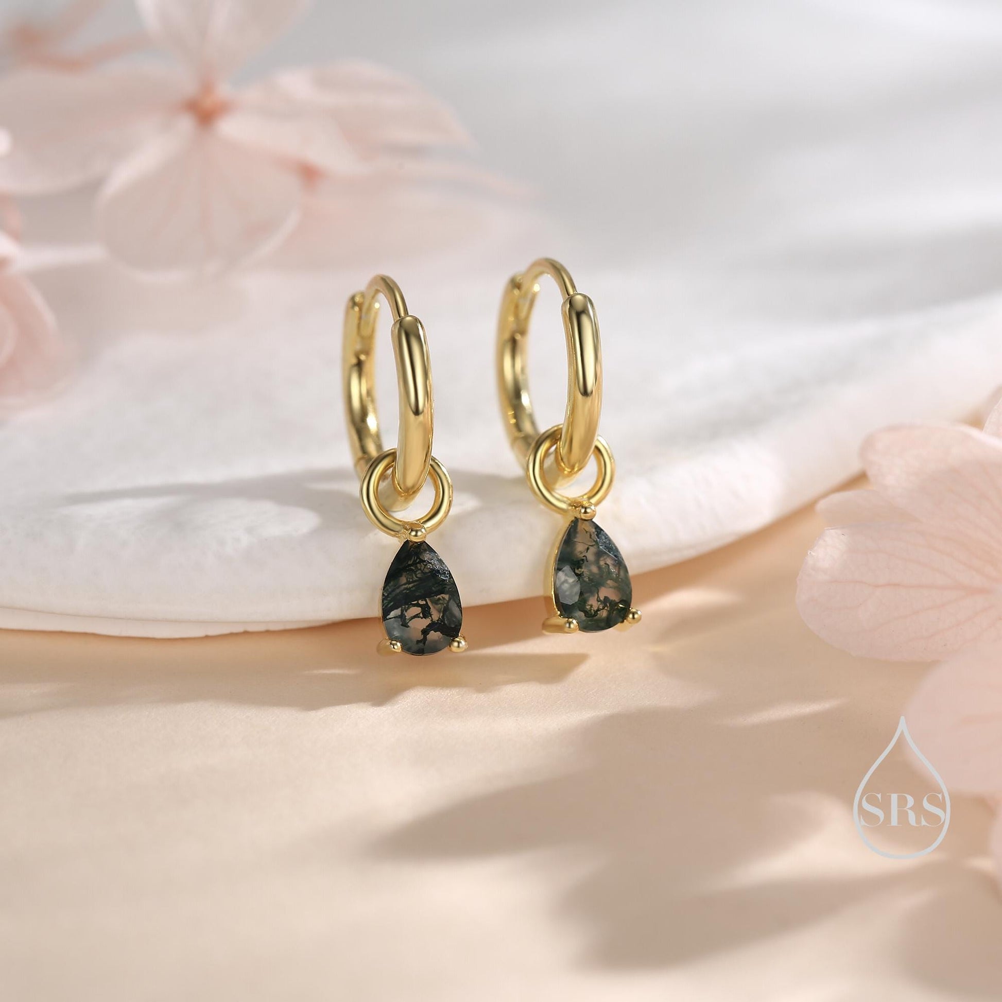 Moss Agate Droplet Huggie Hoop Earrings in Sterling Silver, Nature Inspired Droplet Earrings, Detachable and Interchangable Charms