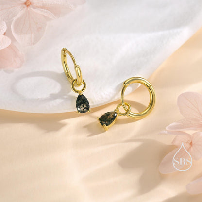 Moss Agate Droplet Huggie Hoop Earrings in Sterling Silver, Nature Inspired Droplet Earrings, Detachable and Interchangable Charms