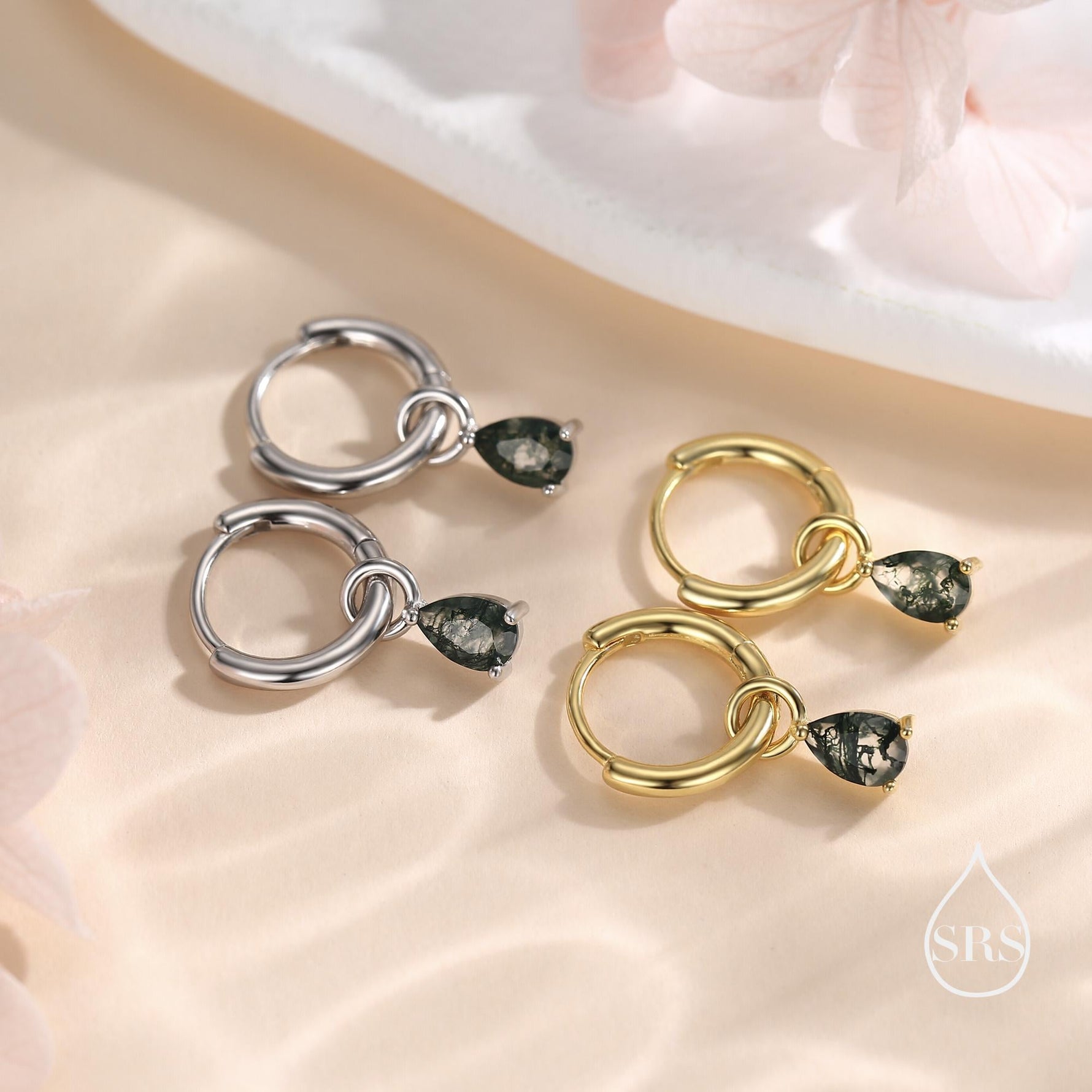 Moss Agate Droplet Huggie Hoop Earrings in Sterling Silver, Nature Inspired Droplet Earrings, Detachable and Interchangable Charms