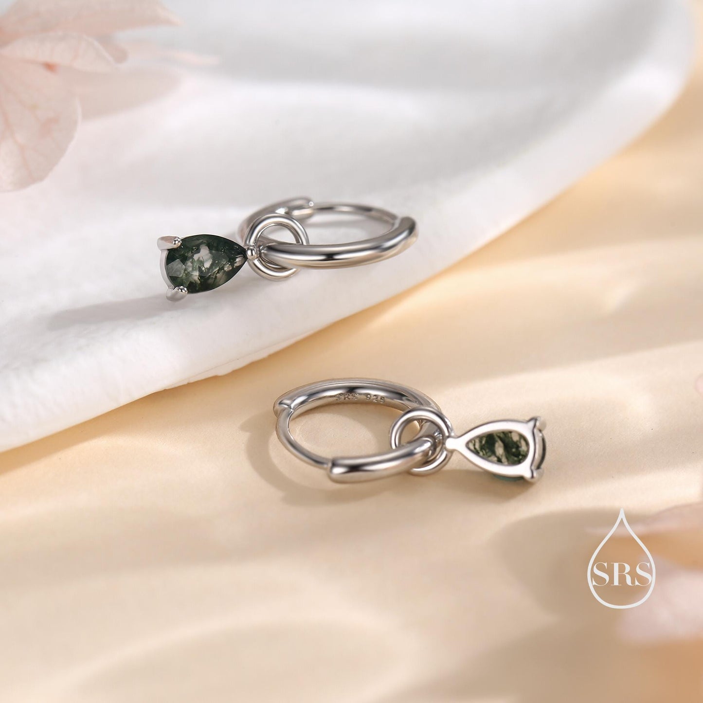 Moss Agate Droplet Huggie Hoop Earrings in Sterling Silver, Nature Inspired Droplet Earrings, Detachable and Interchangable Charms