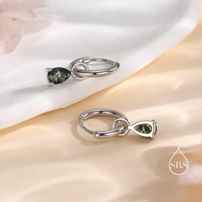 Moss Agate Droplet Huggie Hoop Earrings in Sterling Silver, Nature Inspired Droplet Earrings, Detachable and Interchangable Charms