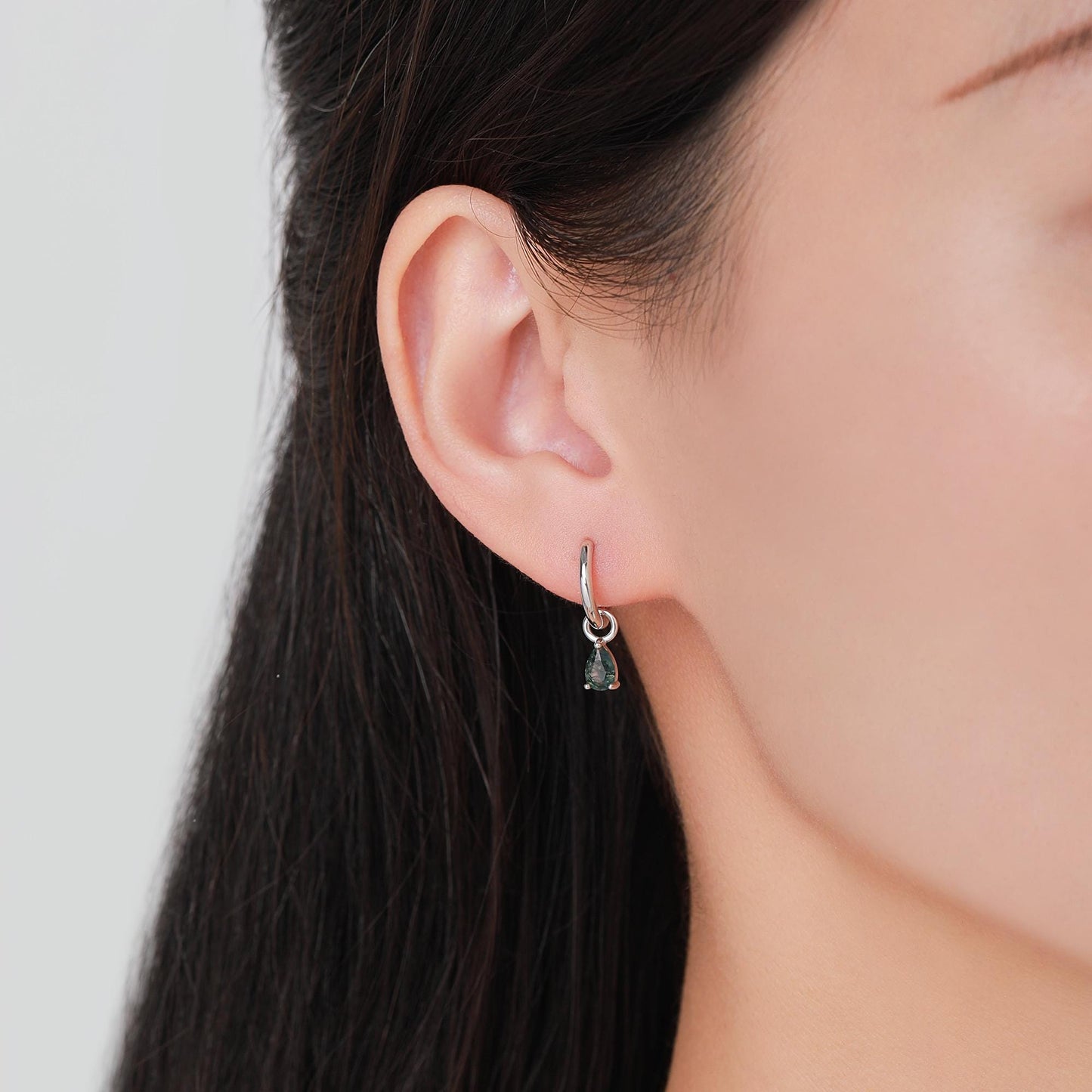 Moss Agate Droplet Huggie Hoop Earrings in Sterling Silver, Nature Inspired Droplet Earrings, Detachable and Interchangable Charms