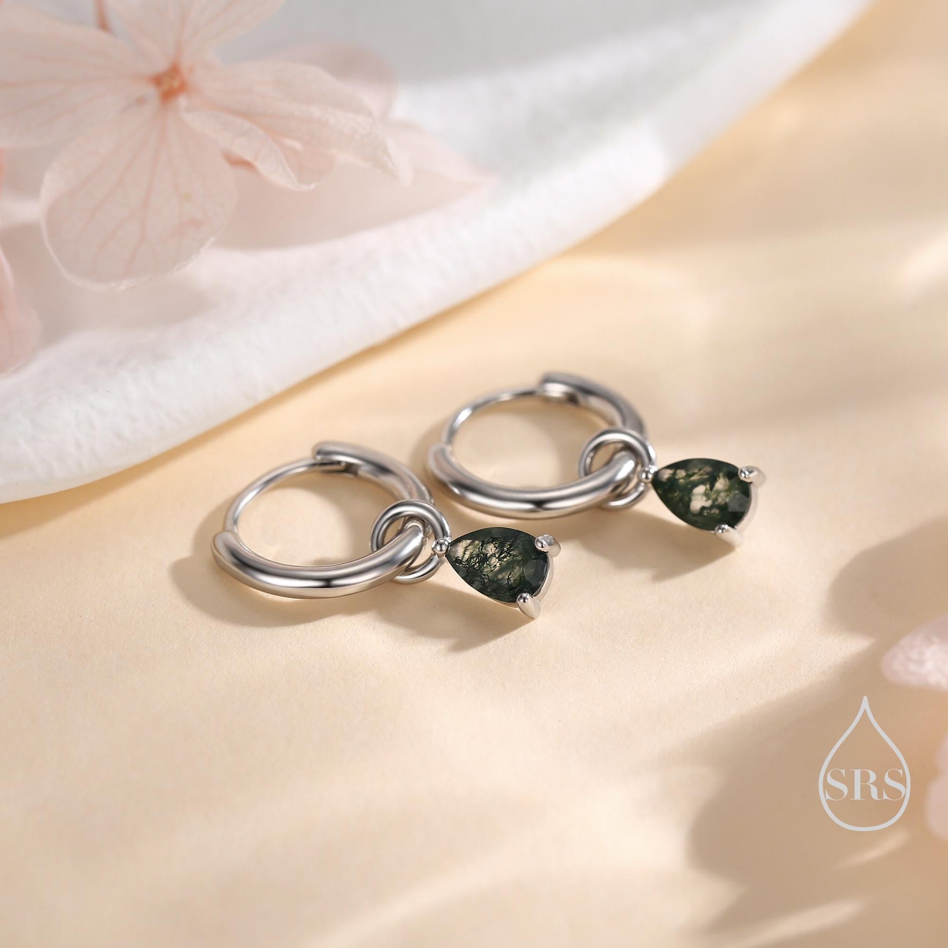 Moss Agate Droplet Huggie Hoop Earrings in Sterling Silver, Nature Inspired Droplet Earrings, Detachable and Interchangable Charms