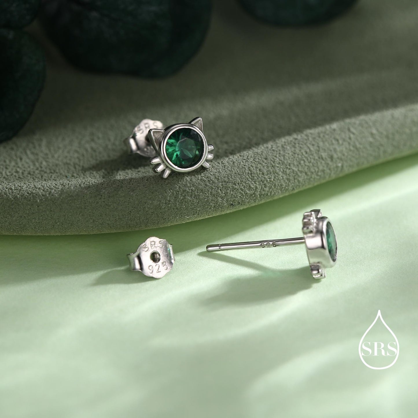 Emerald Green CZ Cat Stud Earrings in Sterling Silver, Silver or Gold, Cat Earrings, May Birthstone, Nature Inspired Animal Earrings