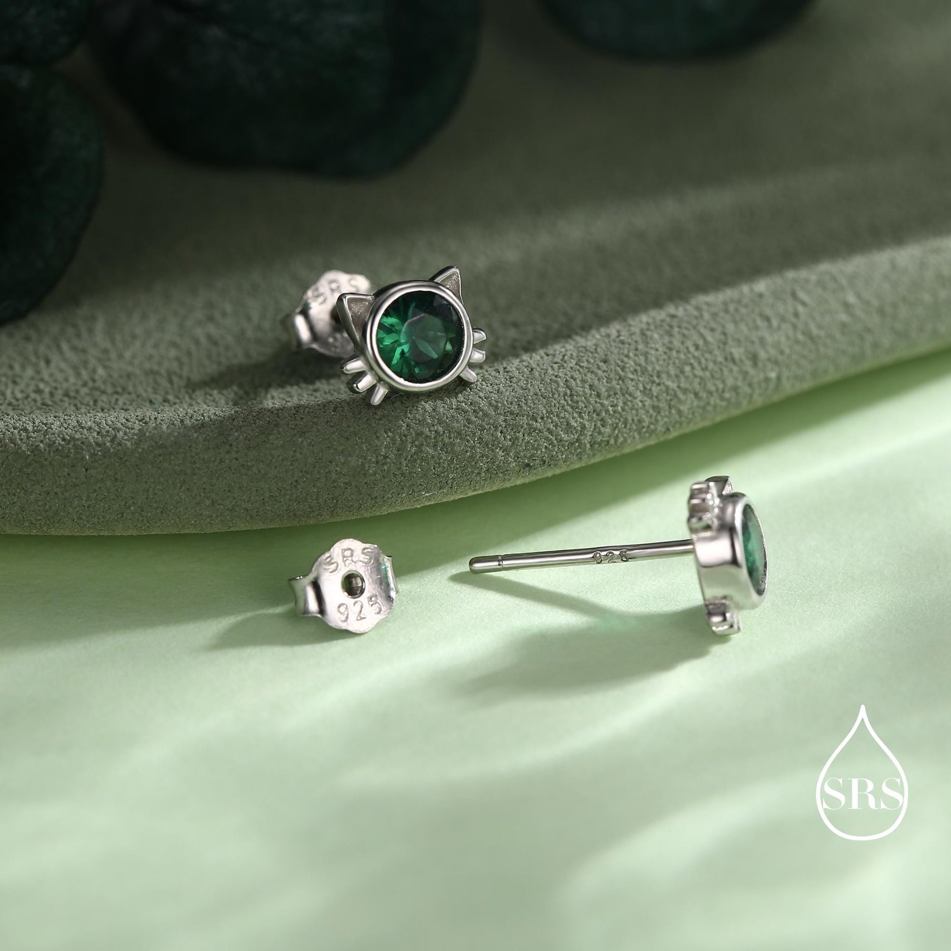 Emerald Green CZ Cat Stud Earrings in Sterling Silver, Silver or Gold, Cat Earrings, May Birthstone, Nature Inspired Animal Earrings