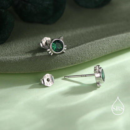 Emerald Green CZ Cat Stud Earrings in Sterling Silver, Silver or Gold, Cat Earrings, May Birthstone, Nature Inspired Animal Earrings