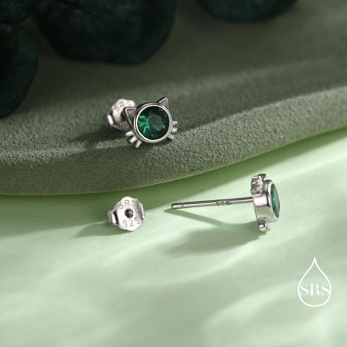 Emerald Green CZ Cat Stud Earrings in Sterling Silver, Silver or Gold, Cat Earrings, May Birthstone, Nature Inspired Animal Earrings