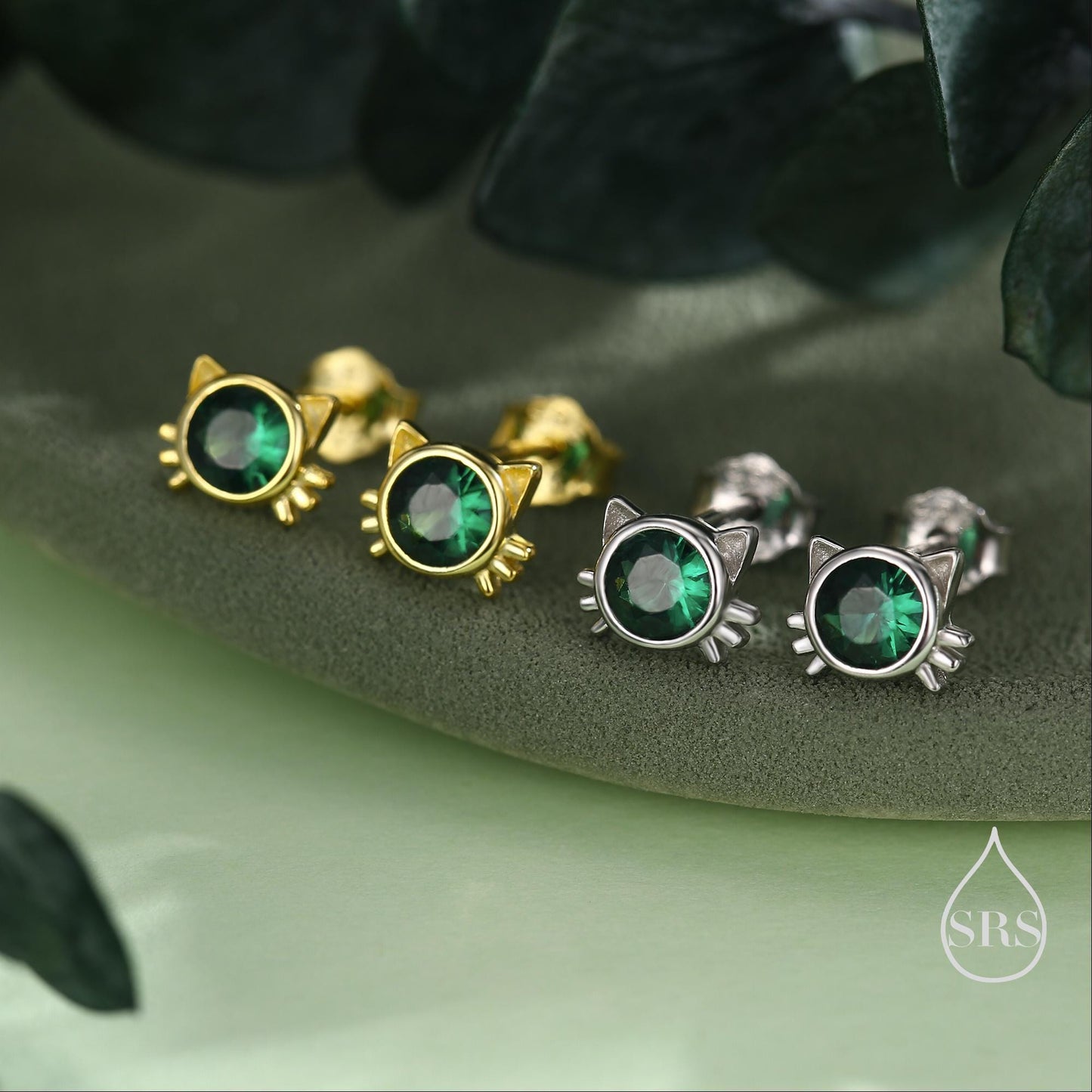 Emerald Green CZ Cat Stud Earrings in Sterling Silver, Silver or Gold, Cat Earrings, May Birthstone, Nature Inspired Animal Earrings
