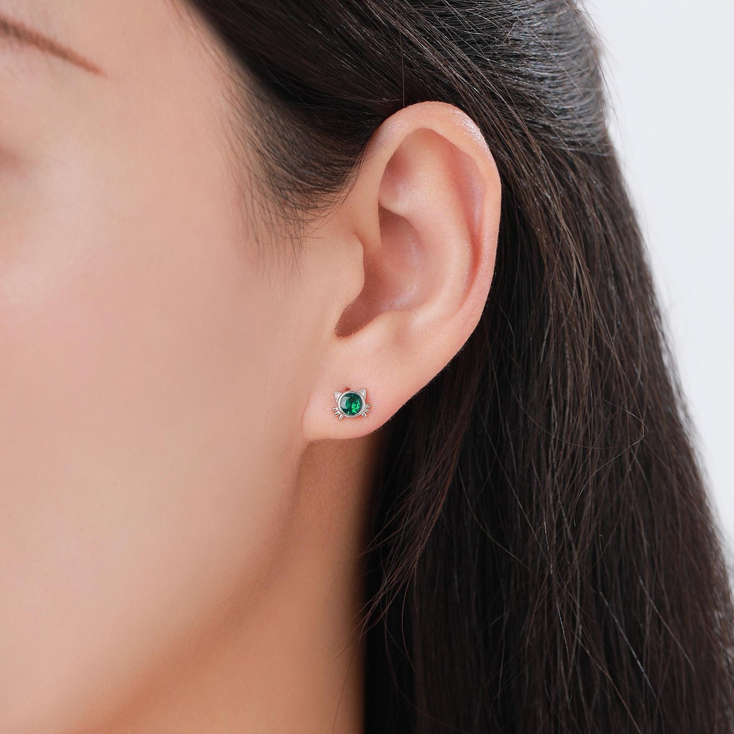 Emerald Green CZ Cat Stud Earrings in Sterling Silver, Silver or Gold, Cat Earrings, May Birthstone, Nature Inspired Animal Earrings