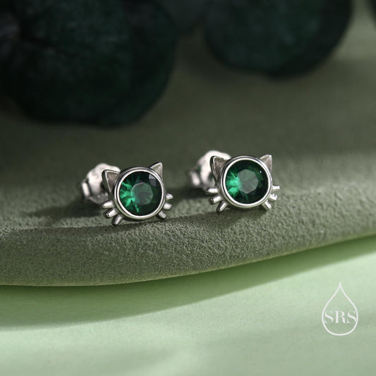Emerald Green CZ Cat Stud Earrings in Sterling Silver, Silver or Gold, Cat Earrings, May Birthstone, Nature Inspired Animal Earrings