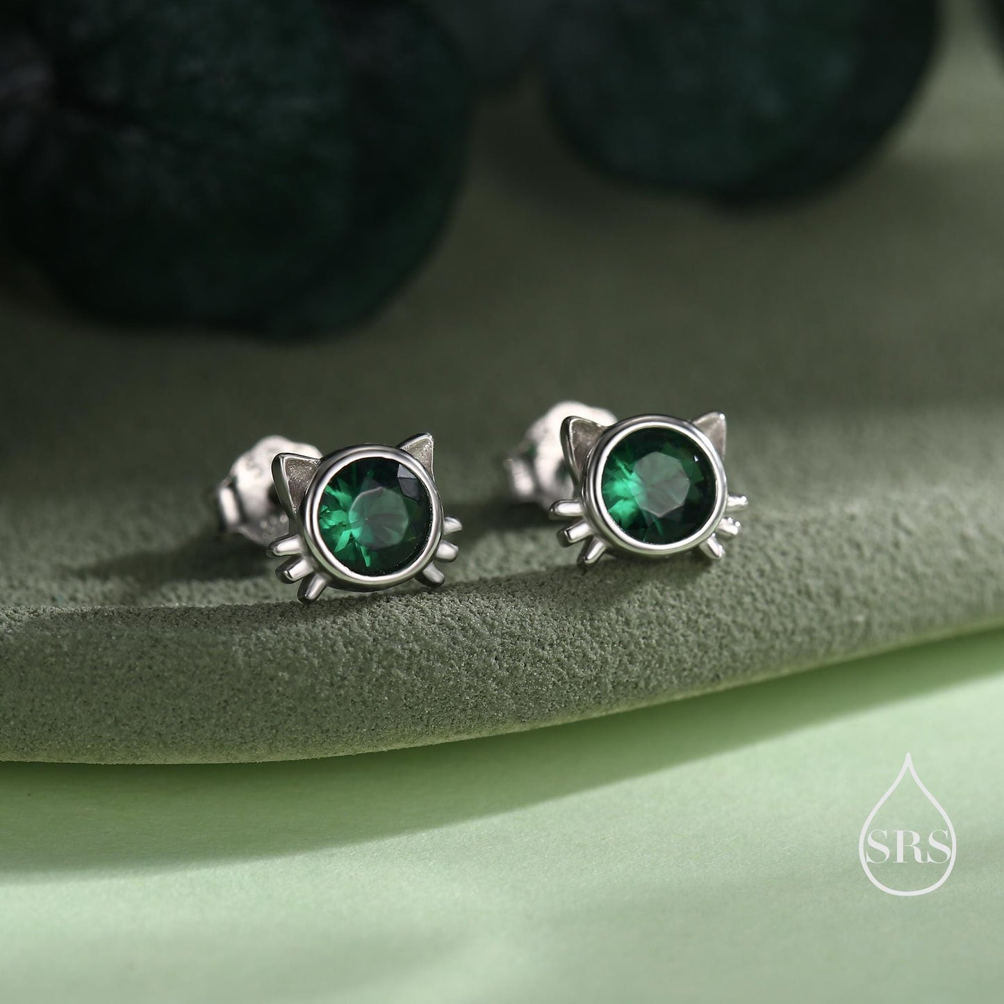 Emerald Green CZ Cat Stud Earrings in Sterling Silver, Silver or Gold, Cat Earrings, May Birthstone, Nature Inspired Animal Earrings