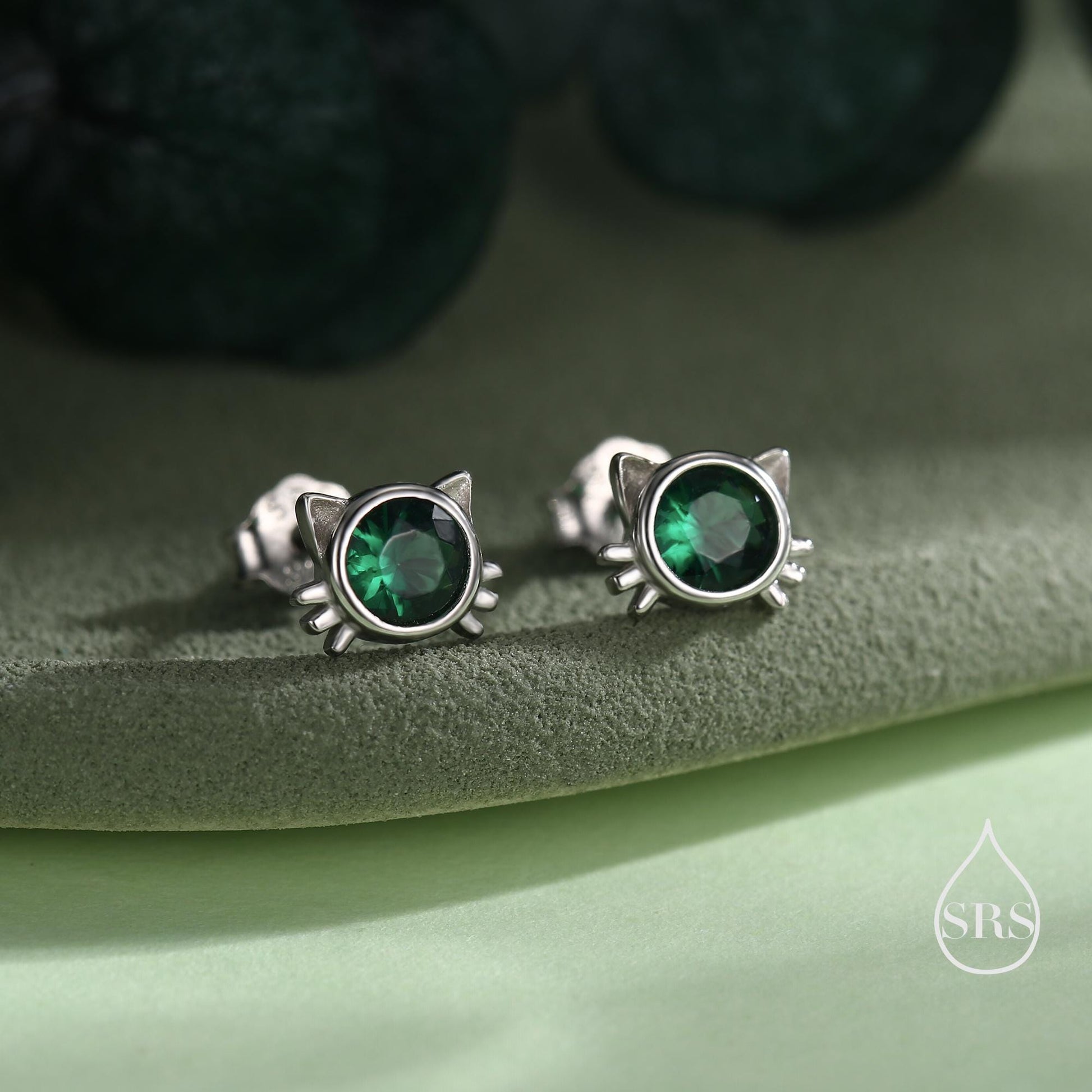 Emerald Green CZ Cat Stud Earrings in Sterling Silver, Silver or Gold, Cat Earrings, May Birthstone, Nature Inspired Animal Earrings