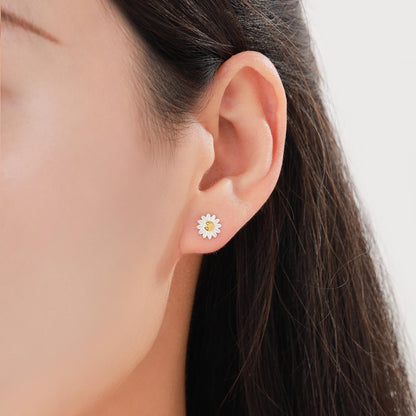 Little Sunflower Flower Stud Earrings in Sterling Silver - Cute Flower Blossom Daisy Earrings - Fun, Whimsical