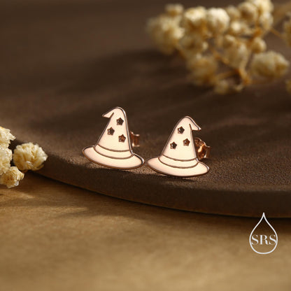 Tiny Witch Hat Stud Earrings in Sterling Silver, Silver, Gold or Rose Gold, Small Halloween Earrings