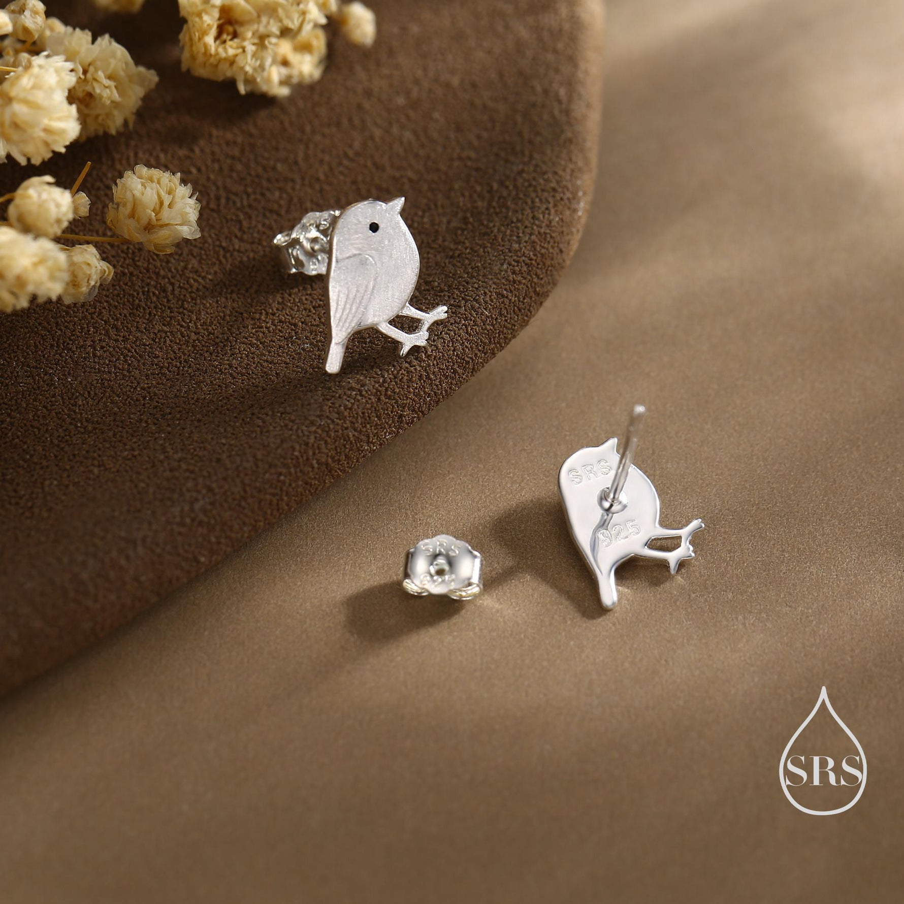 Chickadee Bird Stud Earrings in Sterling Silver, Brushed Textured Finish, Cute Bird Earrings, Nature Inspired Animal Earrings