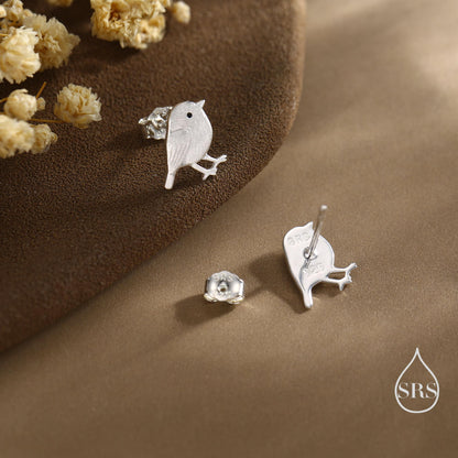 Chickadee Bird Stud Earrings in Sterling Silver, Brushed Textured Finish, Cute Bird Earrings, Nature Inspired Animal Earrings