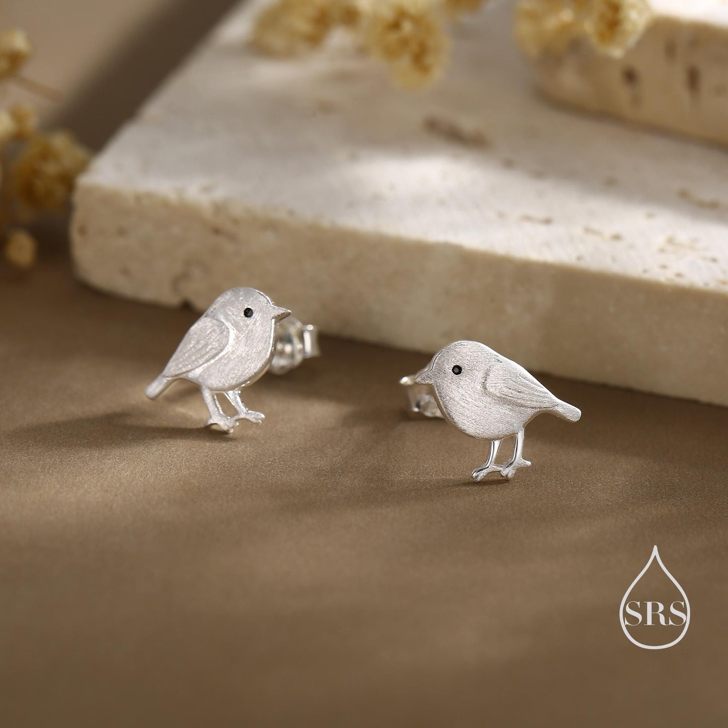 Chickadee Bird Stud Earrings in Sterling Silver, Textured Finish, Cute Bird Earrings, Nature Inspired Animal Earrings