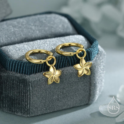 Tiny Plumeria Flower Huggie Hoop Earrings in Sterling Silver, Silver, Gold or Rose Gold, Detachable and Interchangable Charms