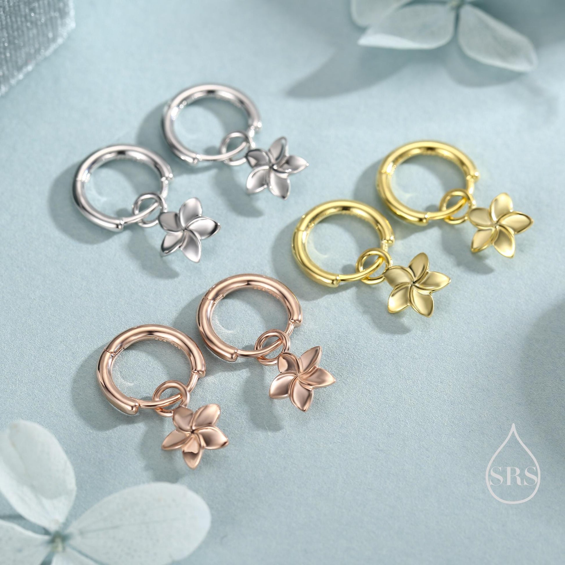 Tiny Plumeria Flower Huggie Hoop Earrings in Sterling Silver, Silver, Gold or Rose Gold, Detachable and Interchangable Charms