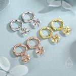 Tiny Plumeria Flower Huggie Hoop Earrings in Sterling Silver, Silver, Gold or Rose Gold, Detachable and Interchangable Charms