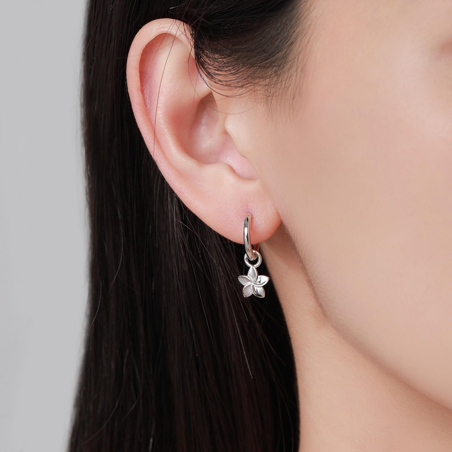 Tiny Plumeria Flower Huggie Hoop Earrings in Sterling Silver, Silver, Gold or Rose Gold, Detachable and Interchangable Charms