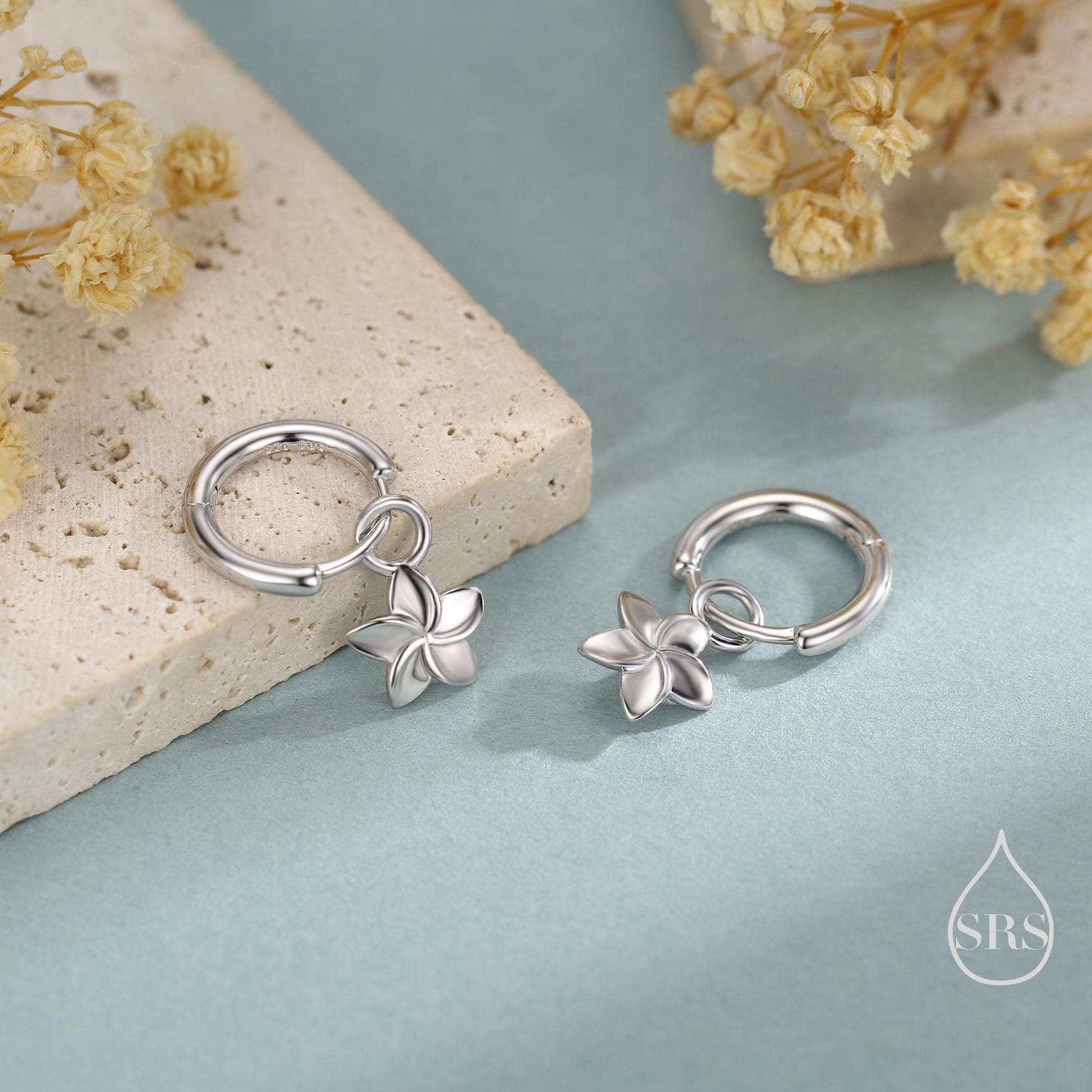 Tiny Plumeria Flower Huggie Hoop Earrings in Sterling Silver, Silver, Gold or Rose Gold, Detachable and Interchangable Charms