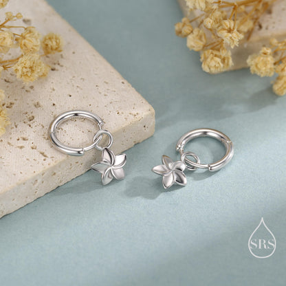 Tiny Plumeria Flower Huggie Hoop Earrings in Sterling Silver, Silver, Gold or Rose Gold, Detachable and Interchangable Charms