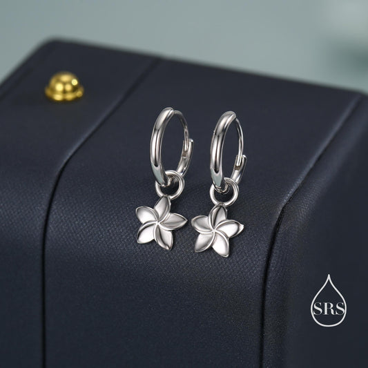 Tiny Plumeria Flower Huggie Hoop Earrings in Sterling Silver, Silver, Gold or Rose Gold, Detachable and Interchangable Charms