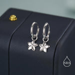 Tiny Plumeria Flower Huggie Hoop Earrings in Sterling Silver, Silver, Gold or Rose Gold, Detachable and Interchangable Charms
